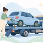積載車にホイールネットで車を固定する様子をイメージしたイラスト