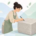石材に石筆で墨出しをする様子をイメージしたイラスト