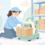 梱包機で段ボールにバンドを掛ける作業をイメージしたイラスト