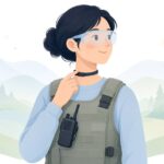 首にスロートマイクを付けて無線で話す様子をイメージしたイラスト