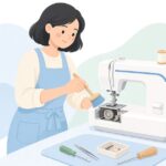 ブラシでミシンの内部を掃除する修理の様子をイメージしたイラスト