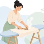 テーラーズクラッパーで縫い目を押さえて仕上げる洋裁の様子をイメージしたイラスト