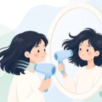 ドライヤーで髪を乾かしすぎないように整える様子をイメージしたイラスト