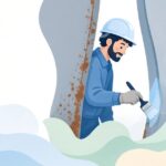 曲がり刷毛で船体の狭い部分に防錆塗装をする様子をイメージしたイラスト