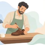 コバ磨きヘラで革靴のコバを仕上げる靴職人の様子をイメージしたイラスト