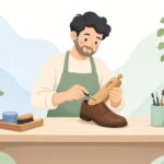 シューストレッチャーで靴を伸ばす靴修理職人の様子をイメージしたイラスト
