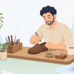 手縫い錐で革靴の底を縫う靴修理の様子をイメージしたイラスト