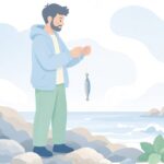 ショアジギングの仕掛けを準備する様子をイメージしたイラスト