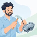 バイクのブレーキパッドピンをピンポンチで抜く様子をイメージしたイラスト