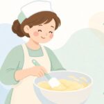 シリコンスパチュラで生地をすくう様子をイメージしたイラスト