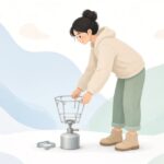 シングルバーナーに五徳を付ける様子をイメージしたイラスト