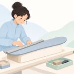 ゲージでスキーの滑走面の平らさを確認する様子をイメージしたイラスト