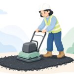 プレートタンパーで路面の補修箇所を締め固める様子をイメージしたイラスト