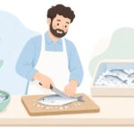 小出刃包丁で小魚を下処理する様子をイメージしたイラスト