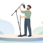 小さな会場でマイクスタンドを設置する音響スタッフをイメージしたイラスト