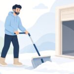 車庫前の雪をスノープッシャーで除雪する様子をイメージしたイラスト