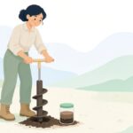 ハンドオーガーで土壌を採取する土壌調査技術者の様子をイメージしたイラスト
