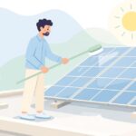 太陽光パネルをブラシで清掃する様子をイメージしたイラスト