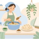 本を参考にソマリア料理を作る様子をイメージしたイラスト