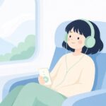 ヘッドホンで音楽プレーヤーの音楽を聴く様子をイメージしたイラスト