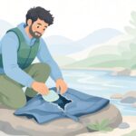 スプレースカートをネオプレン補修パッチで直す様子をイメージしたイラスト