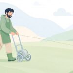 競技場でライン引き用リールを使って線を張る様子をイメージしたイラスト