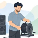 ケーブルワインダーで音響ケーブルを巻き取る舞台スタッフの様子をイメージしたイラスト