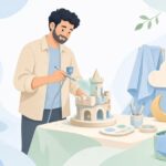 エアブラシで舞台小道具を塗装する様子をイメージしたイラスト