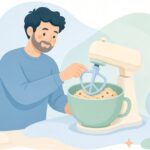 スタンドミキサーにフラットビーターを取り付ける様子をイメージしたイラスト