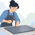 センターポンチで鋼材に穴位置をマークする施工者の様子をイメージしたイラスト