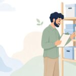 在庫表と棚の実数の照合をイメージしたイラスト