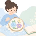 本を参考にスタンプワーク刺繍をする様子をイメージしたイラスト