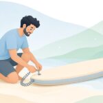 SUPのリーシュコードにスイベルを取り付ける様子をイメージしたイラスト