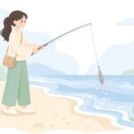 砂浜でジェット天秤を使って投げ釣りをする様子をイメージしたイラスト