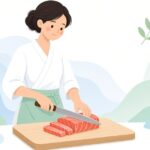 柳刃包丁で魚を切りつける寿司職人の仕込みの様子をイメージしたイラスト