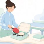 卓球ラケットをケースにしまって遠征に出る様子をイメージしたイラスト