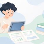 タブレットとペンで資格勉強のノートを取る様子をイメージしたイラスト