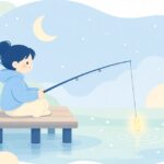 夜の堤防で光るウキを使って釣る様子をイメージしたイラスト