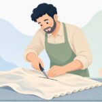 ボタンホールカッターで生地にボタン穴をあける洋裁職人の様子をイメージしたイラスト