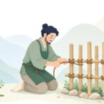 シュロ縄で竹垣を結束する竹垣職人の様子をイメージしたイラスト