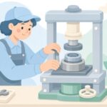 卓上油圧プレスで部品を圧入する作業をイメージしたイラスト
