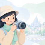 小型ミラーレスカメラで街の風景を撮る様子をイメージしたイラスト