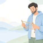 タナゴ釣りの仕掛けを竹枠に巻く様子をイメージしたイラスト