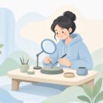 タナゴ釣り用の針を手研ぎする様子をイメージしたイラスト