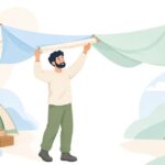 タープの連結部に雨どいを付ける様子をイメージしたイラスト