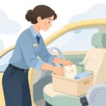 タクシーの車内を収納ボックスで整理する様子をイメージしたイラスト