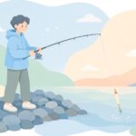 堤防でフロートリグを使ってアジを狙う様子をイメージしたイラスト