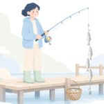 堤防のサビキ釣りでアジやイワシを釣る様子をイメージしたイラスト