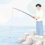 堤防でウキ釣りをしてクロダイを狙う様子をイメージしたイラスト