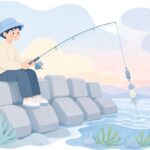 堤防でヤエン釣りをする様子をイメージしたイラスト